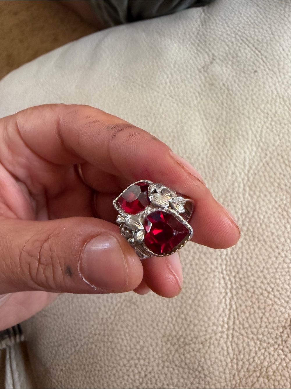 Sarah Coventry Vintage Red Gemstone Floral Silver Ring - Women Jewelry